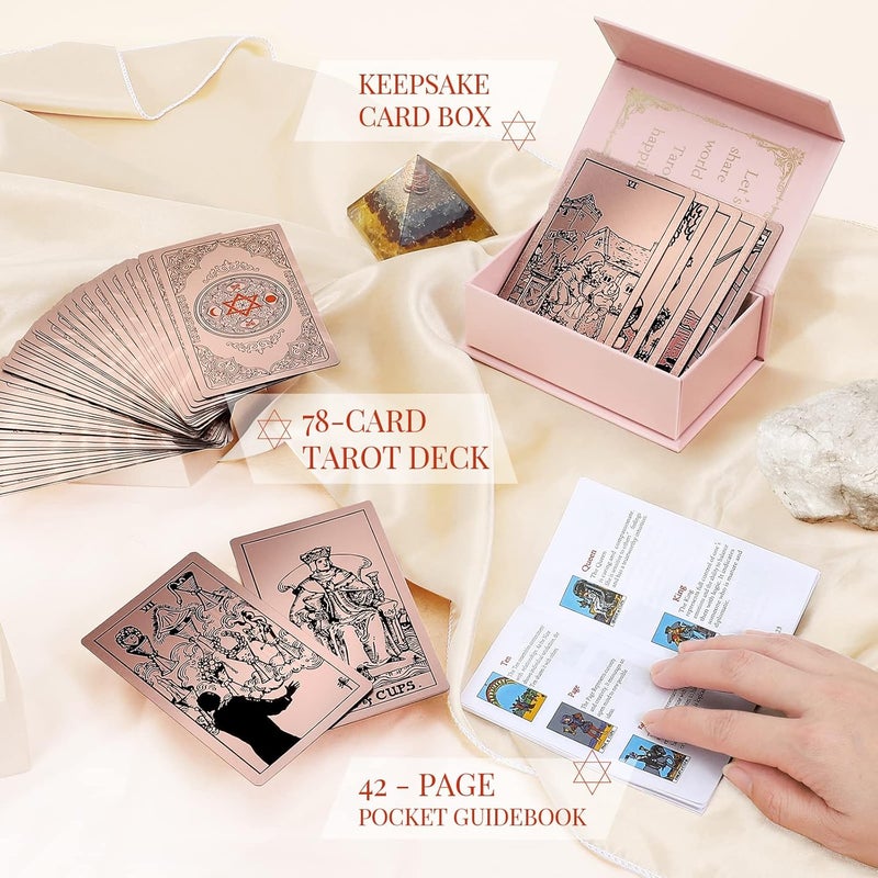 LYINGFISH Tarot Cards for Beginners Waterproof Tarot Cards with Guide Book Gold Foil with Meanings on Them 78 Classic Origina Waterproof Rider Waite Taro Deck Fortune Telling Game（Rose Gold） - Image 3